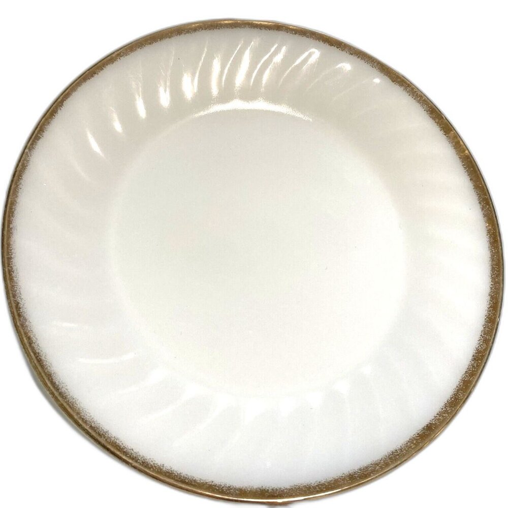 FIRE KING Vintage Milk Glass Gold Rim Swirl Edge Dinner Plate 9 inch Diameter